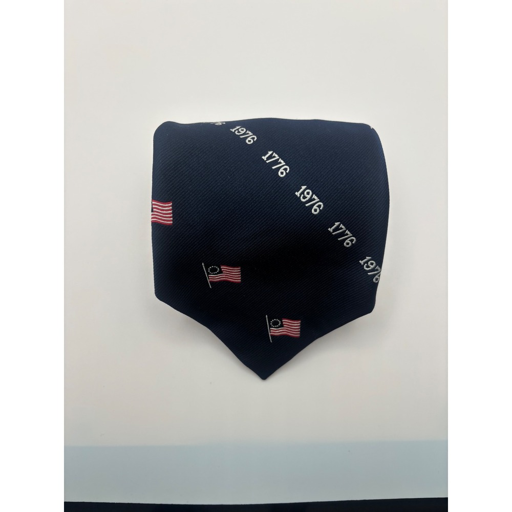 Vintage God Bless America Patriotic Navy Blue 1776 Flag Polyester Necktie